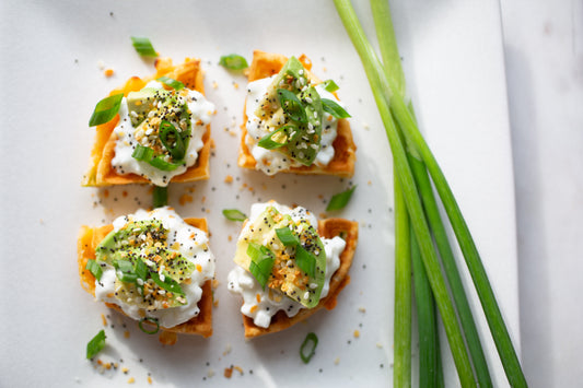  Cheddar cheese and scallion Heavenly Waffles topped with cottage cheese and avocado