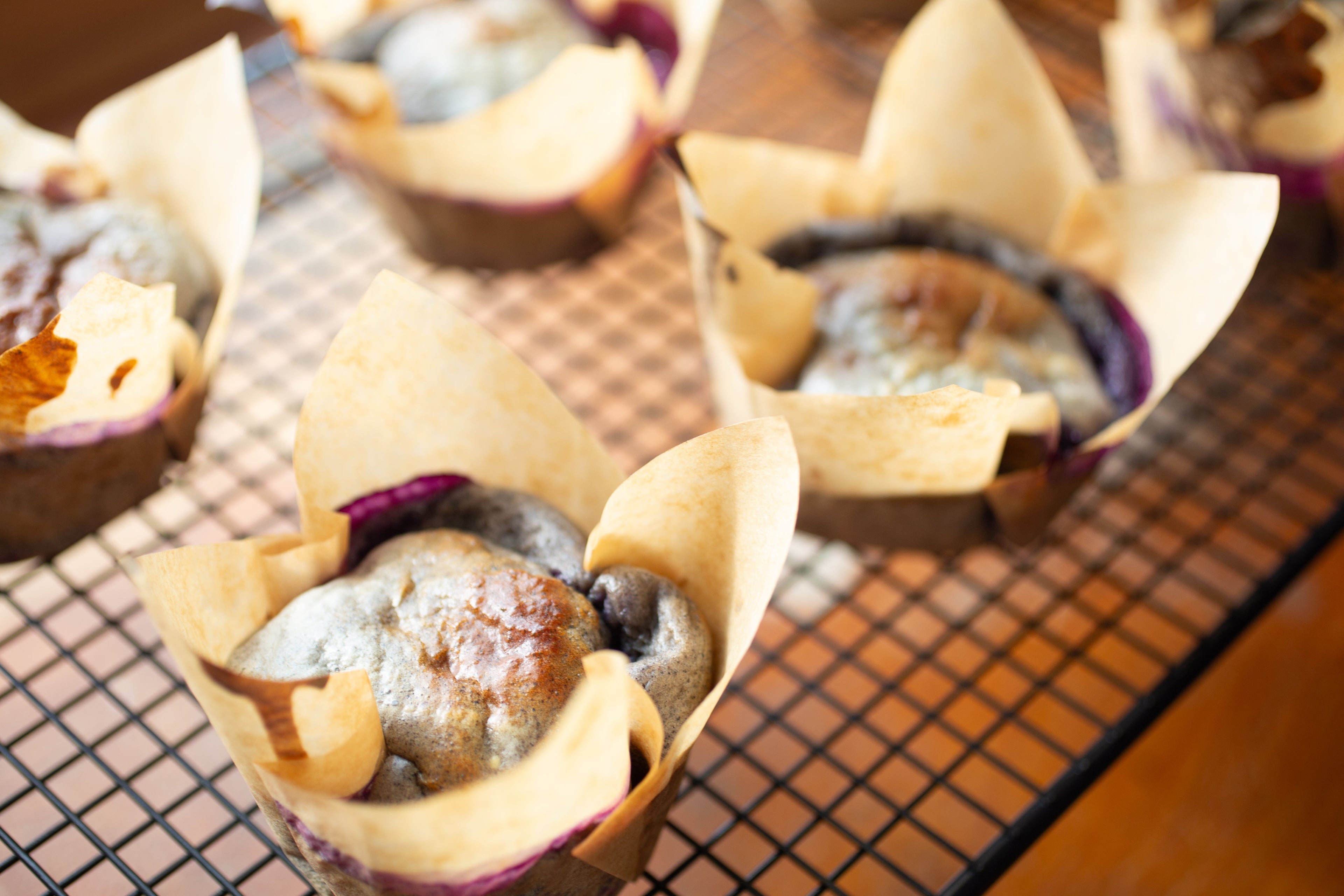 Legacy blueberry muffins made with Heavenly Foods mix, soft and fluffy with fresh blueberries