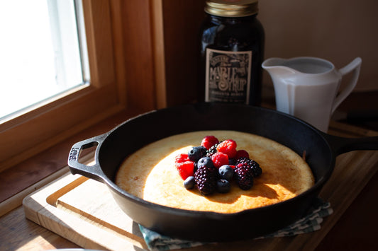 High-protein Heavenly Waffles skillet pancake baked in a cast iron pan