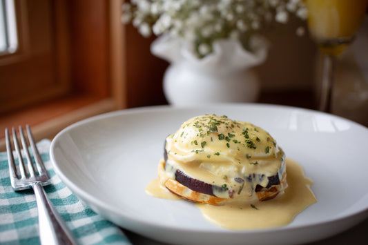 Eggs Benedict made with Heavenly Waffles, poached eggs, and hollandaise