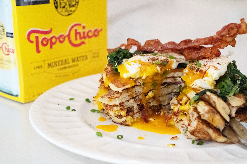 Savory bacon chive sun-dried tomato cheddar protein pancakes made with Heavenly Waffles